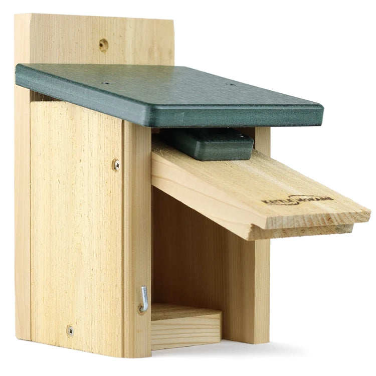 Open cedar chickadee and wren nest box showing easy-clean front panel and nesting cavity.