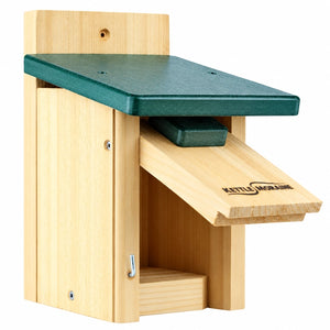Open cedar chickadee and wren nest box showing easy-clean front panel and nesting cavity.