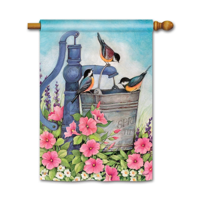 Birds of Spring Standard Flag with three birds around a water pail, designed by Susan Bourdet. Durable, mildew-resistant 28x40 inch flag made of SolarSilk® polyester.