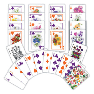 Farmer's Almanac Flowers Playing Cards featuring hand-drawn floral illustrations on card backs, jokers, and face cards. Deck includes 52 cards and 2 jokers.