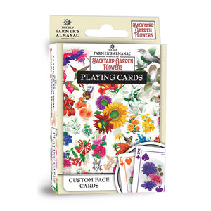 Farmer's Almanac Flowers Playing Cards, a boxed deck featuring 52 cards and 2 jokers with original field guide illustrations of flowers.