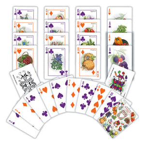 Farmer's Almanac Fruits Vegetables & Herbs Playing Cards featuring illustrated fruits and vegetables, perfect for gardeners. Standard deck with 52 cards and 2 jokers.