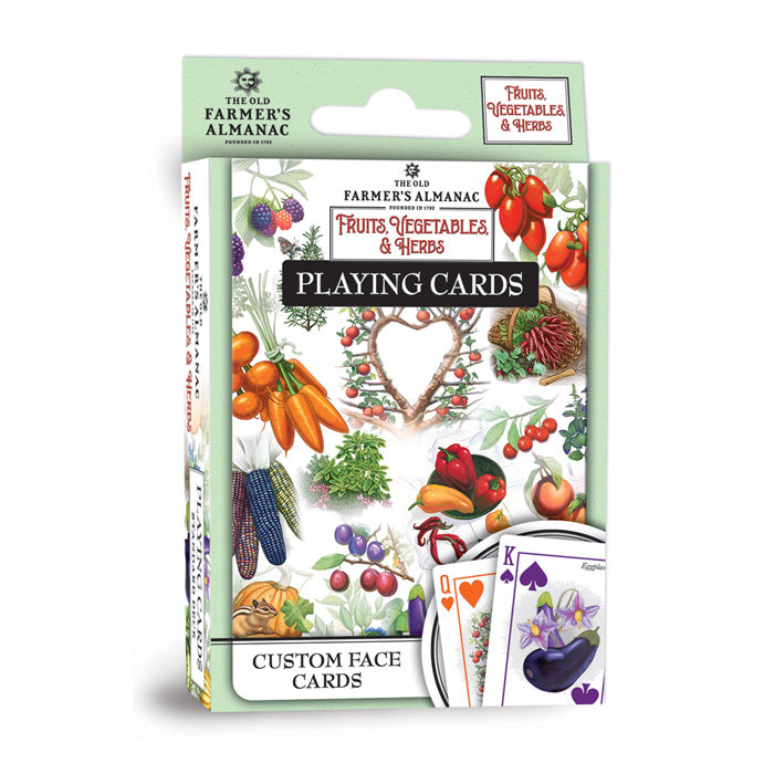 Farmer's Almanac Fruits, Vegetables & Herbs Playing Cards in a box, featuring 52 illustrated cards and 2 jokers with gardening-themed designs.