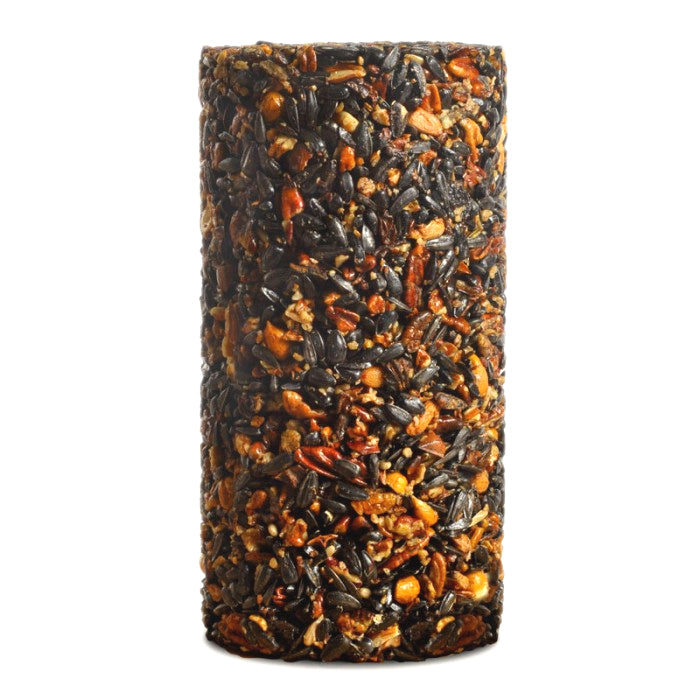 Woodpecker Feast Cylinder Small featuring a compact, nutty seed cylinder for bird feeding. Packed with pecans, peanuts, raisins, and sunflower seeds.