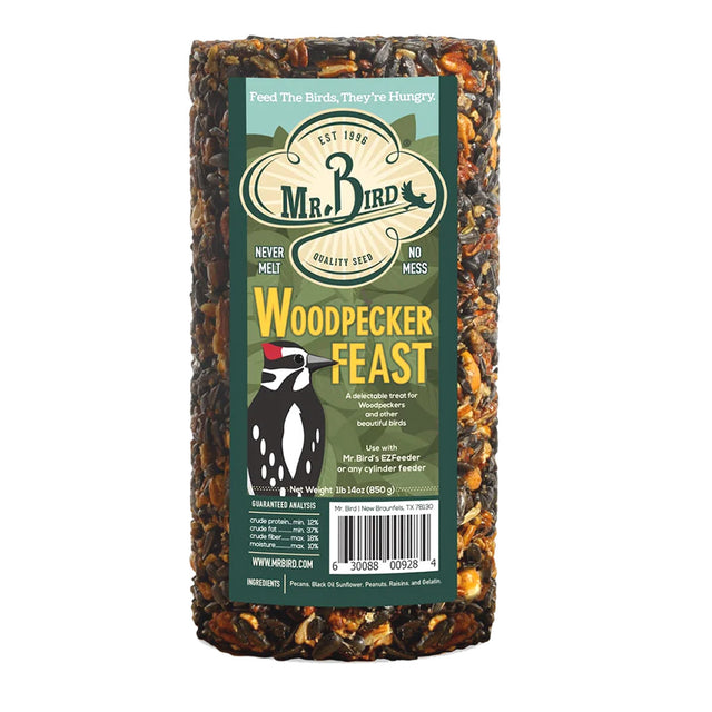 Woodpecker Feast Cylinder Small with label, bar code, and center hole for feeder placement. Nutty blend for woodpeckers, featuring high-energy seeds and fruits.