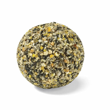 Duncraft Super No-Waste Wild Bird Seed Ball close-up, showcasing a round, multicolored seed ball designed to attract birds without waste. Available in sets of 12 or 24.