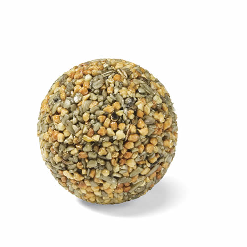 Duncraft Woodpecker Wild Bird Seed Balls: Close-up of a round seed ball composed of peanut bits and sunflower chips, designed to attract woodpeckers and nut-eating birds.