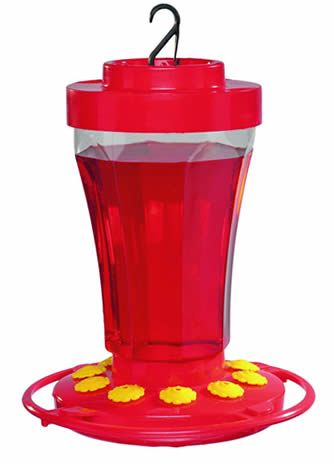 32 oz. Hummingbird Flower Feeder with clear reservoir, red base, yellow feeding ports, and built-in ant moat. Features 10 feeding ports and detachable base for easy cleaning.