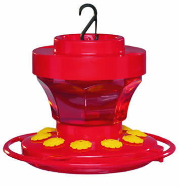 Hummingbird Flower Feeder with ten yellow feeding ports, red top and base, clear reservoir, and built-in ant moat. Includes S hook for easy hanging.