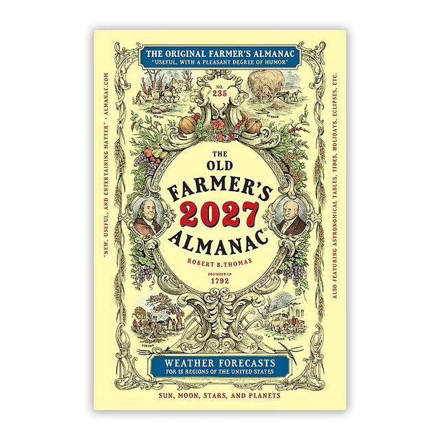 The Old Farmer's Almanac 2027 edition featuring its classic illustrated yellow cover with weather forecasts, astronomical tables and seasonal gardening information