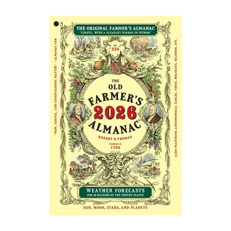 The 2026 Old Farmer's Almanac cover features vintage farm illustrations, title, founder's name, and forecasts for 18 U.S. regions, with celestial details.