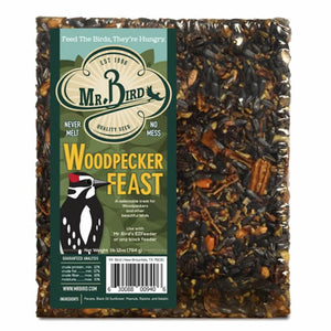 Woodpecker Feast Block Large: A square package of bird food with a visible label, featuring black oil sunflower seeds, peanuts, pecans, and raisins.