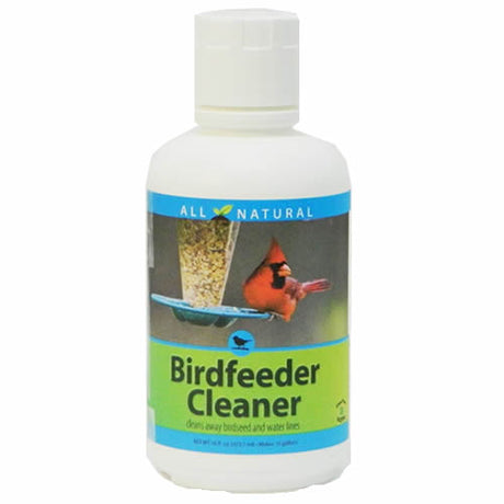 White bottle labeled Bird Feeder Cleaner, 16 oz., designed to effectively remove harmful bacteria from bird feeders using a non-toxic, all-natural enzyme formula.