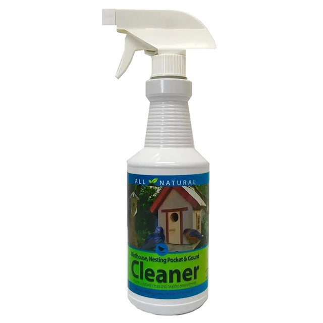 Birdhouse & Nesting Pocket Cleaner in a white spray bottle, designed for safe and effective cleaning of birdhouses, protecting birds and wildlife.