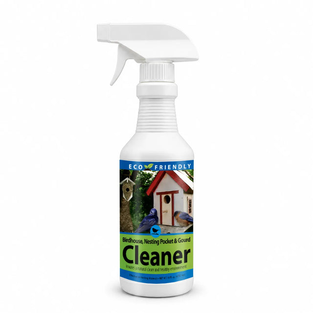White spray bottle labeled Eco-Friendly, featuring two bluebirds near a wooden birdhouse. Contains Birdhouse & Nesting Pocket Spray Cleaner, 16 oz., for safe birdhouse cleaning.