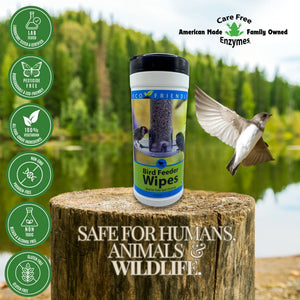 Natural Bird Feeder Cleaning Wipes, 40 Count tub on a tree stump, with icons highlighting eco-friendly features; a bird flies nearby.