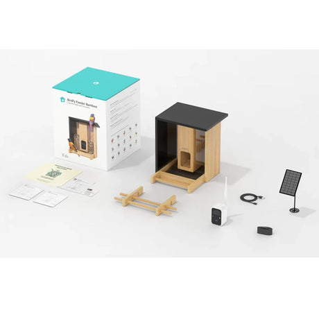 Birdfy Eco-friendly Bamboo Smart Bird Feeder kit includes bamboo housing, Wi-Fi camera, solar panel, USB cable, and assembly guides for sustainable, intelligent birdwatching.