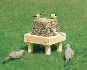 Duncraft Jumbo Block Platform with birds feeding on a raised wooden feeder featuring wire mesh grid for drainage, designed to hold large seed blocks.