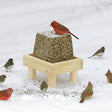 Duncraft Jumbo Block Platform feeder with birds perched around it, snow-covered ground, and wire mesh grid for drainage.