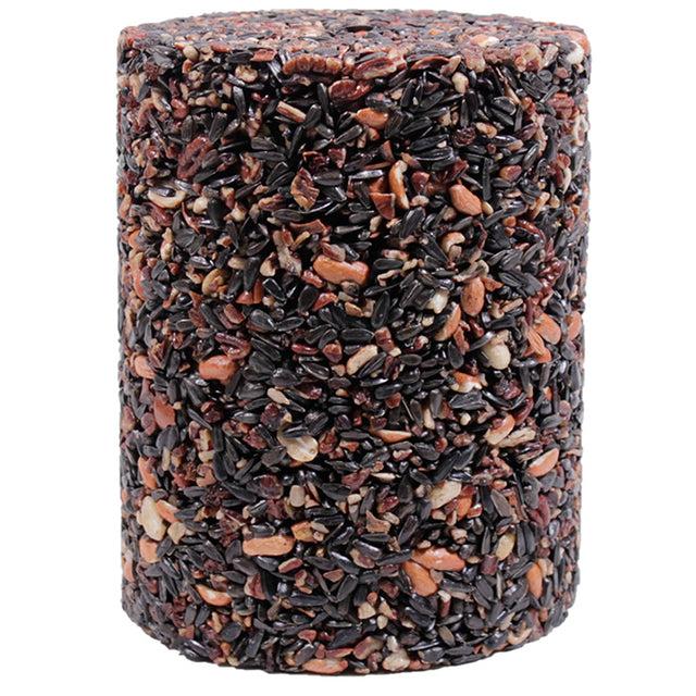 Woodpecker Feast Cylinder Large: A dense, cylindrical bird snack featuring a mix of sunflower seeds, peanuts, pecans, and raisins, individually wrapped for freshness.