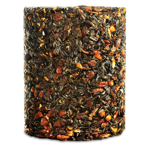 Woodpecker Feast Cylinder Large: Compressed seed and nut block for birds, featuring black-oil sunflower seeds, peanuts, pecans, and raisins in a 6x6x7.75-inch shape.