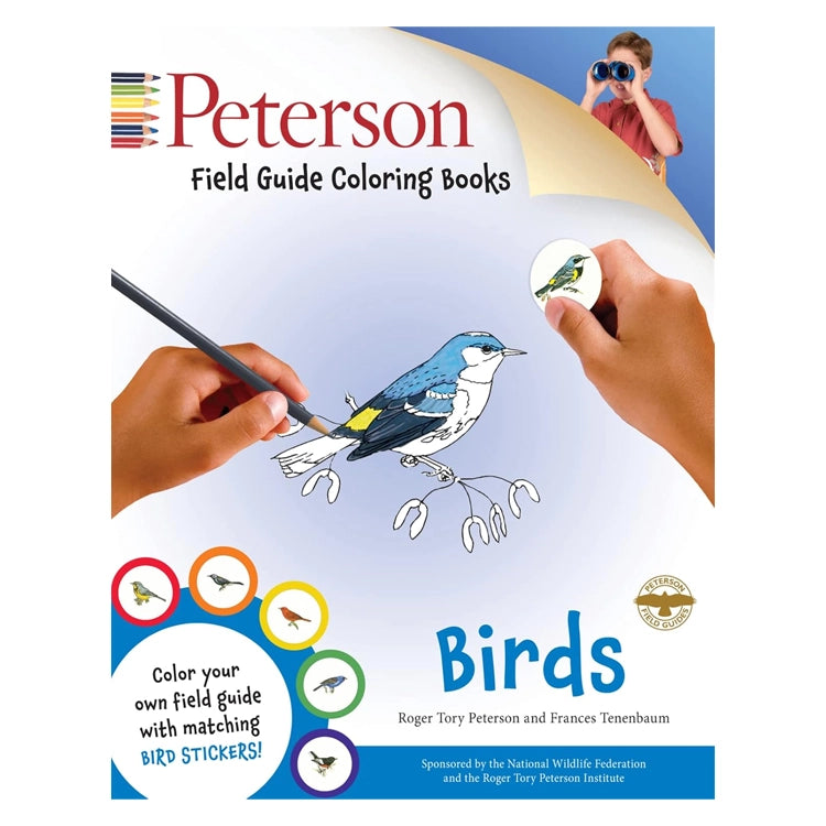 Peterson Field Guide Coloring Books: Birds cover shows title, child with binoculars, hands coloring a bird, matching bird sticker, and sponsor logos.