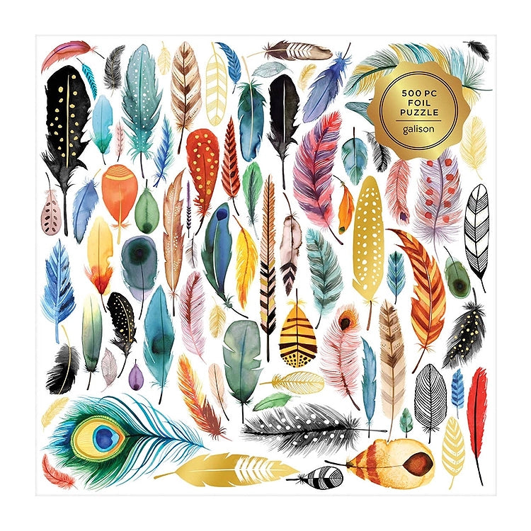 Feathers 500-piece puzzle artwork by Magrikie Berg featuring vibrant watercolor feathers in a variety of colors and patterns