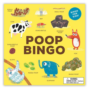 Poop Bingo kids' nature game featuring a bright yellow box with colorful animal and animal poop illustrations