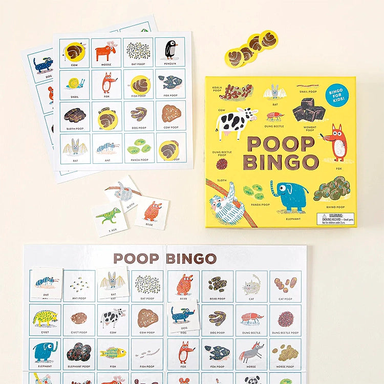 Poop Bingo educational game with illustrated animal bingo cards, matching tiles and game pieces