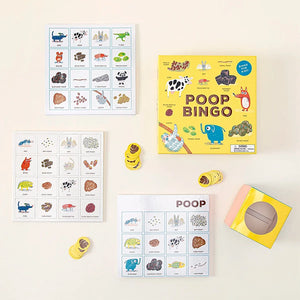 Poop Bingo game set showing animal identification cards, bingo boards, playing pieces and colorful packaging