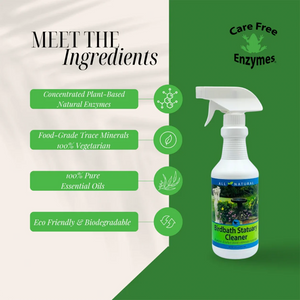 Birdbath Statuary Cleaner, 16 oz. spray bottle with natural enzymes, essential oils, and minerals. Eco-friendly, non-toxic cleaner for birdbaths and outdoor décor.