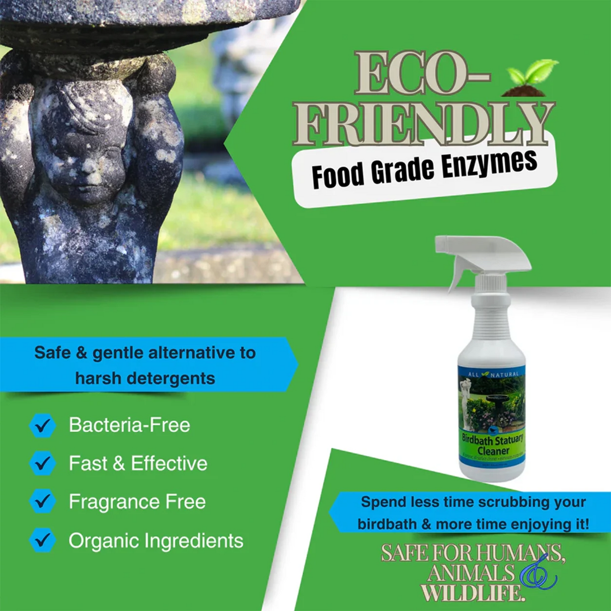 Birdbath Statuary Cleaner, 16 oz. spray bottle, shown beside a stone cherub pedestal, highlights its eco-friendly, enzyme-based formula for safe, effective cleaning of outdoor birdbaths.