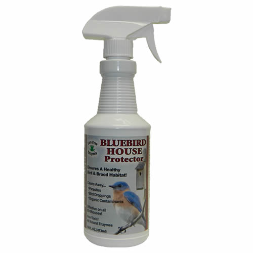 Bluebird House Protector, 16 oz. spray bottle, designed to clean birdhouses, eliminating parasites with non-toxic, natural enzymes for healthier bluebird habitats.