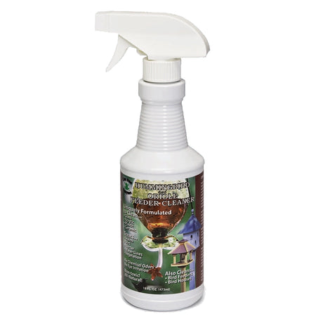 Hummer & Oriole Feeder Cleaner in a 16 oz. white spray bottle with a label, designed to remove organic buildup and scum rings from feeders.