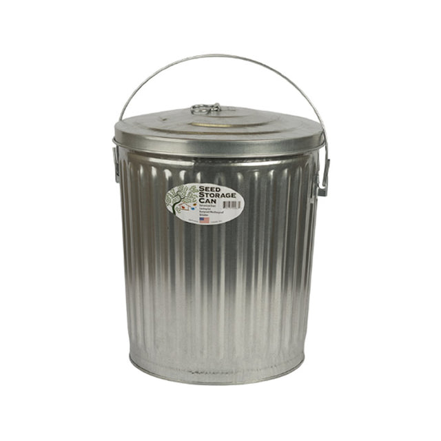 10 Gallon Galvanized Can with Lid, featuring a durable metal bucket with a handle, deep corrugations, and secure lid, optimal for storing pet food or bird seed.