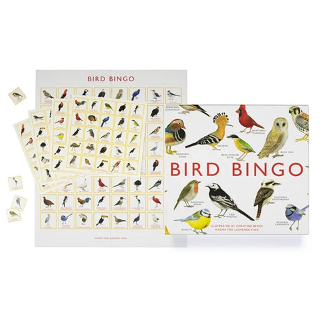 Bird Bingo game set with a 5×5 bird grid board, bird image tokens, and box showcasing various bird illustrations like cardinal and kookaburra.