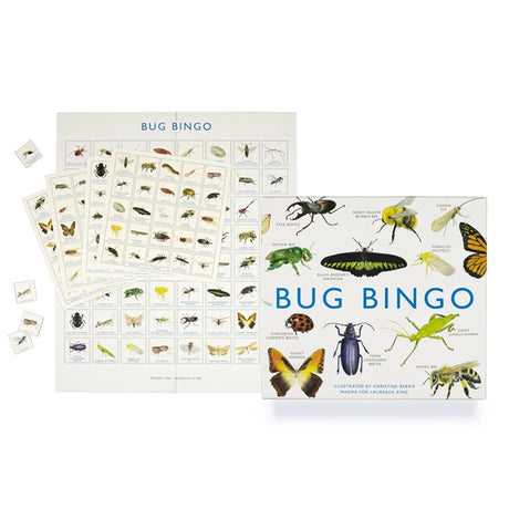 Bug Bingo game set with hand-painted insect illustrations on box lid, bingo cards, and call-out tiles, offering an educational twist on classic bingo gameplay.