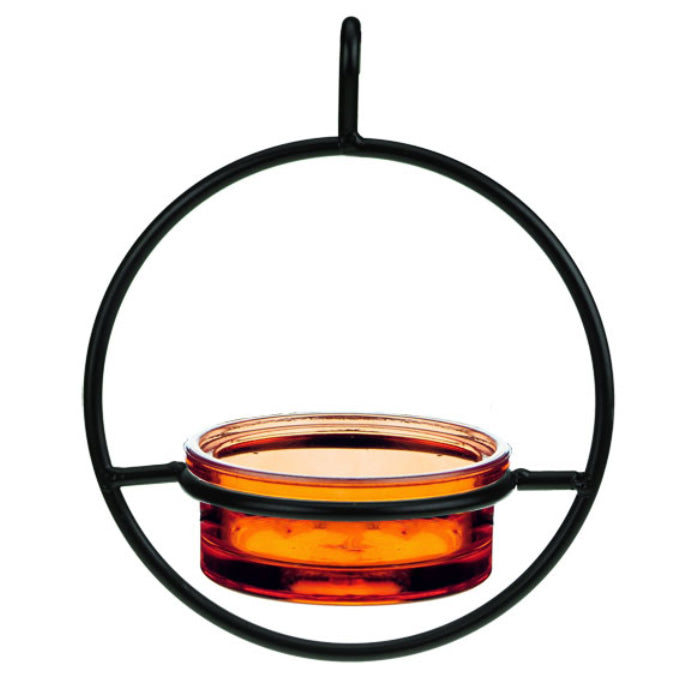 Orange Hanging Sphere Mealworm Feeder featuring a clear glass dish inside a sturdy black steel frame, designed for easy cleaning and refilling.