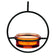 Orange Hanging Sphere Mealworm Feeder featuring a clear glass dish inside a sturdy black steel frame, designed for easy cleaning and refilling.