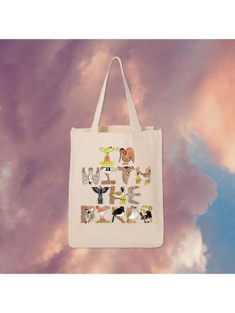 Bird Collective I'm with the Birds Tote Bag featuring cartoon birds, made of heavy cotton canvas, ideal for bird enthusiasts.