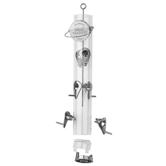 Droll Yankees 16 Classic Sunflower Bird Feeder with Ring Pull, featuring a clear plastic tube, metal clips, and six feeding ports for easy cleaning and seed level viewing.