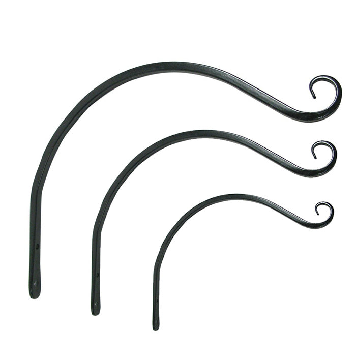 Upturn Curved Hanger Series, a set of black, curved metal hangers forged from wrought iron, ideal for mounting lightweight plants, bird feeders, and chimes.