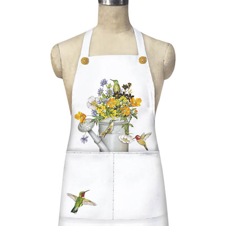 Hummingbird Water Can Apron featuring a floral and bird design, two large pockets, and a 36 length. Made of 65% polyester, 35% cotton.