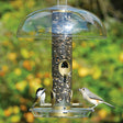 Aspects Antique Brass 4 Port Tube Feeder Set with birds perched and feeding, featuring a clear plastic baffle and easy-to-clean design.