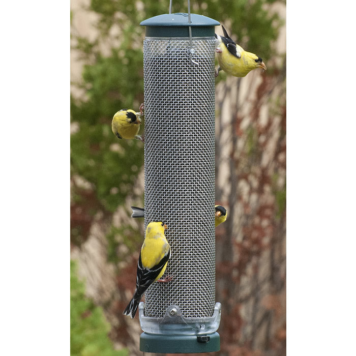 Quick Clean Spruce Finch Mesh Bird Feeder with yellow birds perching and feeding, featuring sturdy metal mesh and a quick-release bottom for easy cleaning.