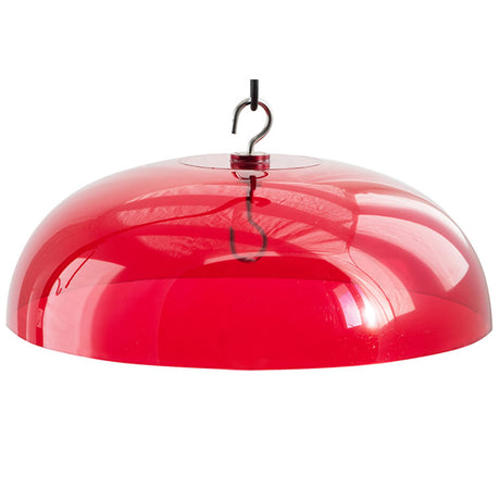 Red HummZinger Dome, a sturdy plastic weather dome with a hook, protects hummingbird feeder nectar from direct sunlight, ensuring longer-lasting freshness.