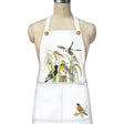 Birds in Grass Apron: White apron featuring colorful bird and nature designs, two large pockets, and a matching bow; 65% polyester, 35% cotton.