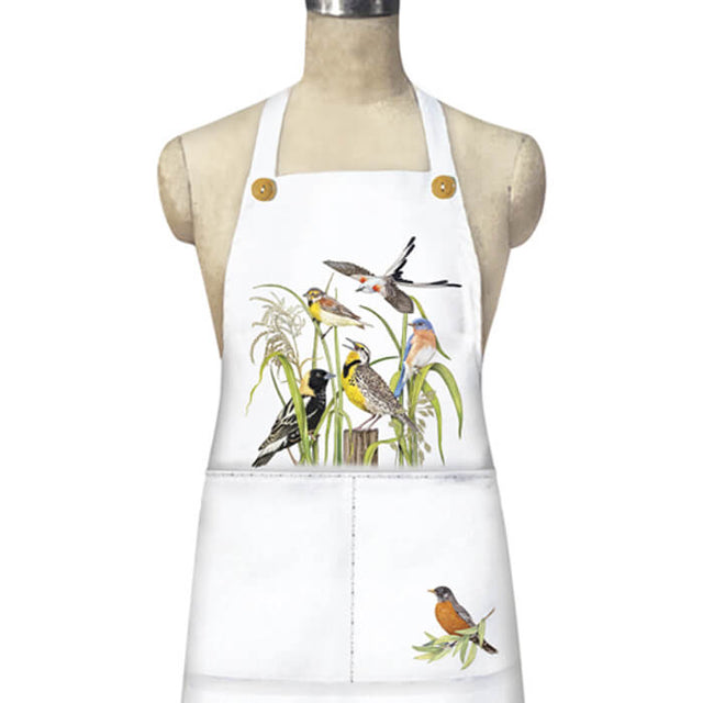 Birds in Grass Apron: White apron featuring colorful bird and nature designs, two large pockets, and a matching bow; 65% polyester, 35% cotton.