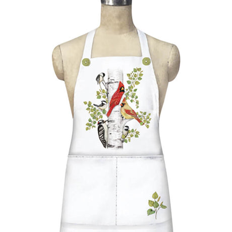 Birch Birds Spring Apron: White apron featuring colorful bird graphics, two large pockets, and a bow. Made of polyester-cotton blend, 36 long, machine washable.