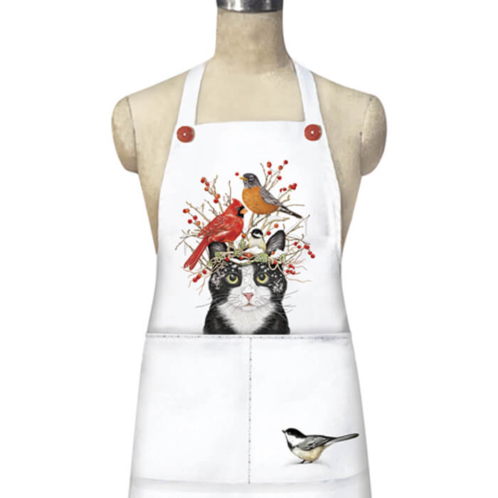 Winter Cat And Birds Apron: White apron featuring a cat with birds, two large pockets, and colorful nature-inspired design. 65% polyester, 35% cotton.